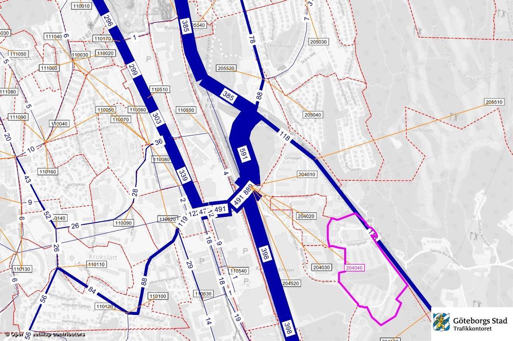 Trafikflödesfördelning Riktningsfördelning för resor till och från det aktuella området antas bli samma som idag. Underlaget har hämtats från trafikkontorets analysmodell Visum.