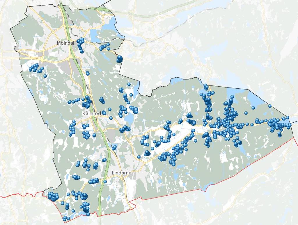 Bilaga 1: Område inom Mölndals stad där det bara erbjuds tvåfackskärl på grund av att