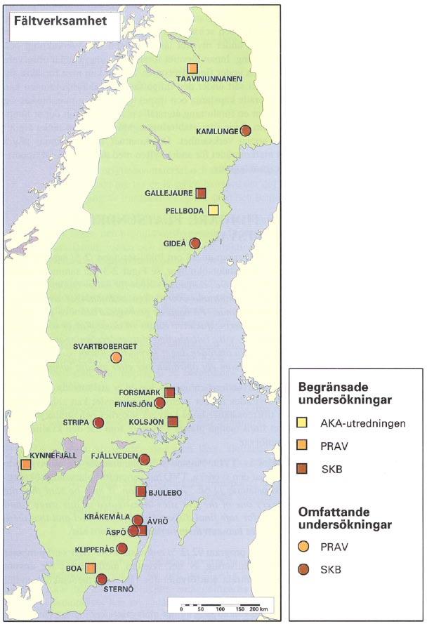 Figur 4-2. Platser i landet där SKB med flera utfört undersökningar för att få kunskap om den svenska berggrunden. 4.3 Perioden 1984 2000.