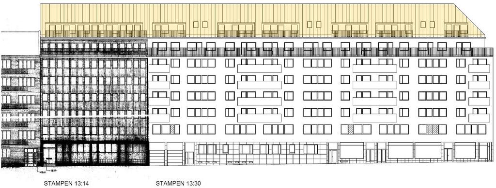 tak över de båda fastigheterna. Husen byggdes med en indragen takvåning som utgör våning 7, i strid med gällande plan som anger högst 6 våningar längs Baldersgatan och runt hörnet mot Stampgatan.