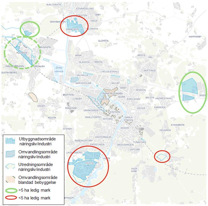 Figur 3 Verksamhetsområde utpekade i ÖP 2030 och ledig mark. ELP och Gunnarskäl ligger utanför kartan. Tabell 2 Ledig mark i befintliga verksamhetsområden.