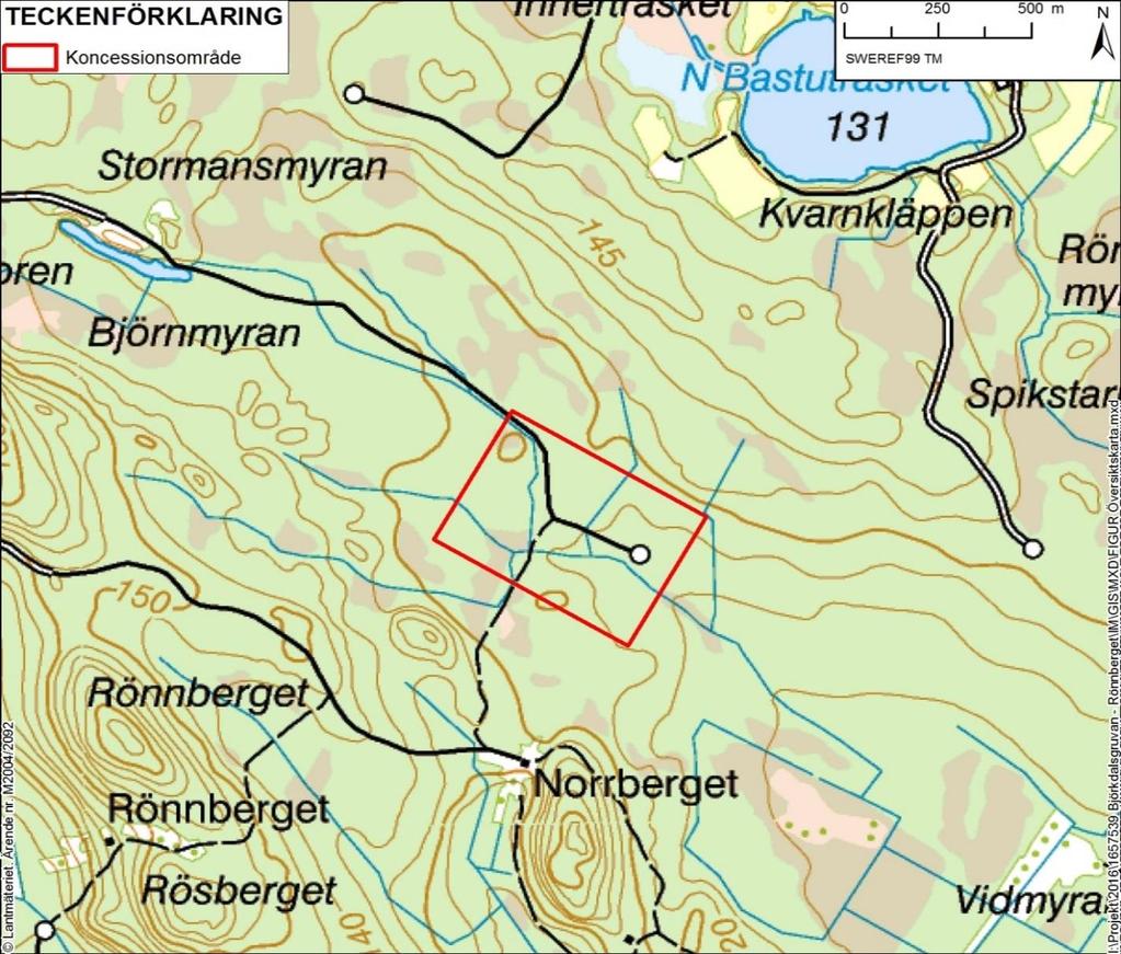 Figur 2: Det sökta koncessionsområdet lokalisering och utbredning I bilaga C1 redovisas en översiktlig redogörelse över verksamhetens lokalisering.