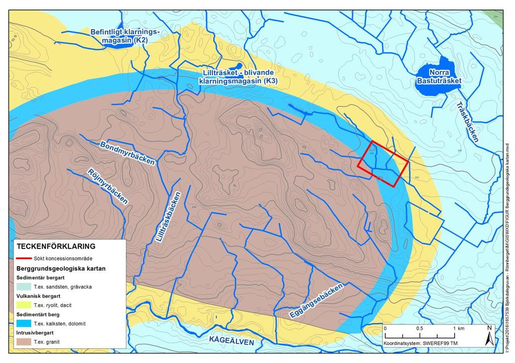Figur 4: Bergarter inom sökt koncessionsinområde. Inom det sökta koncessionsområdet består bergarterna huvudsakligen av sedimentära bergarter så som kalksten och dolomit, se Figur 4.