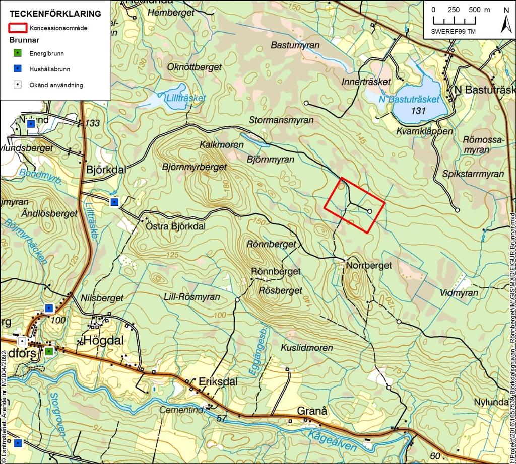 Figur 6: Bergborrade brunnar. 6.6 Sjöar och vattendrag 6.6.1 Avrinningsområden Närmast belägna större vattenförekomst är Norra Bastuträsket som ligger cirka 1,2 km nordöst om det sökta koncessionsområdet.