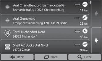 Navigering En lista med bensinstationer i närheten visas. Bensinstationerna sorteras efter närhet.