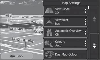 Navigering Mediauppspelning DVD/CD/USB/SDHC/iPod Kartinställningar Med kartinställningarna kan du ställa in projektion (2D eller 3D), synvinkel på kartan, färger samt visning av byggnader eller
