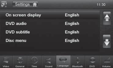 Grundinställningar Viktig information Language (språk) DVD Följande inställningar kan göras: On screen display Ställ in språket i apparatens användargränssnitt.