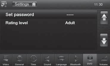 Följande inställningar kan göras: Set password Bestäm ett lösenord om du vill använda barnspärrfunktioner. Rating level Här kan du bestämma åldersgräns för DVD-skivor.