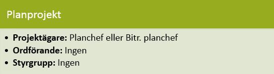 Projektägare är planchef eller biträdande planchef. Kategorin har ingen styrgrupp.