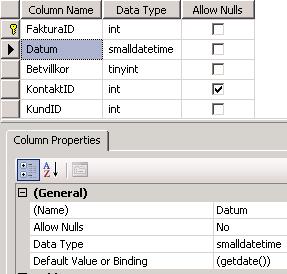 I faktura ska vi ha att Datum har ett default värde som är dagens