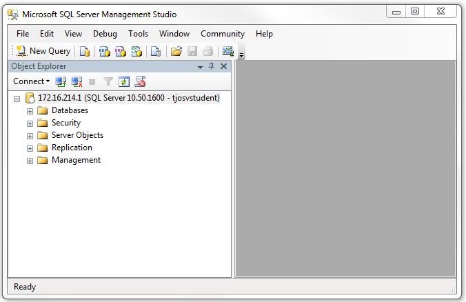 SSMS SQL SERVER MANAGEMENT STUDIO När du väl har loggat in så öppnar sig SSMS.