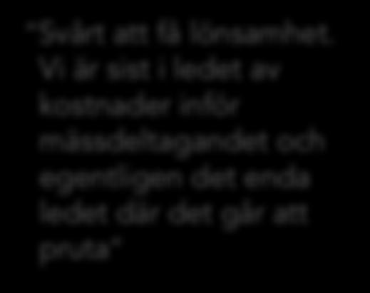 Läget i branschen Mycket positivt Positivt 6 Varken eller 23 Negativt Mycket negativt Inga åsikter 9 Svårt att få lönsamhet.