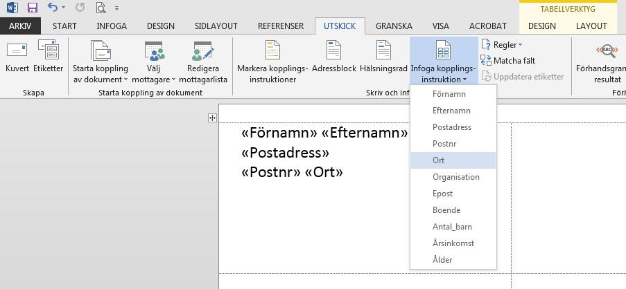 Nu ska du skapa en kopplingsinstruktion för Word där du beskriver vilka fält från Excel som ska kopplas mot etiketterna i Worddokumentet.