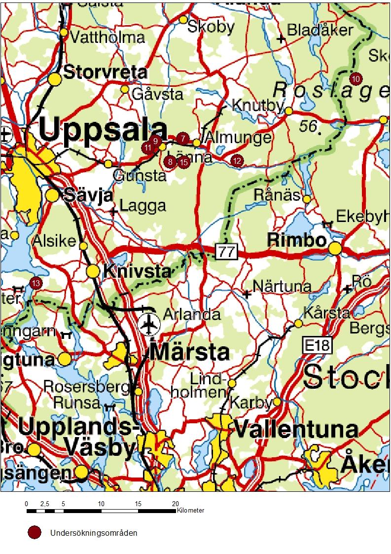 Fig. 2. Geografisk placering av försökstrakterna i Uppland. Se också tabell 1.