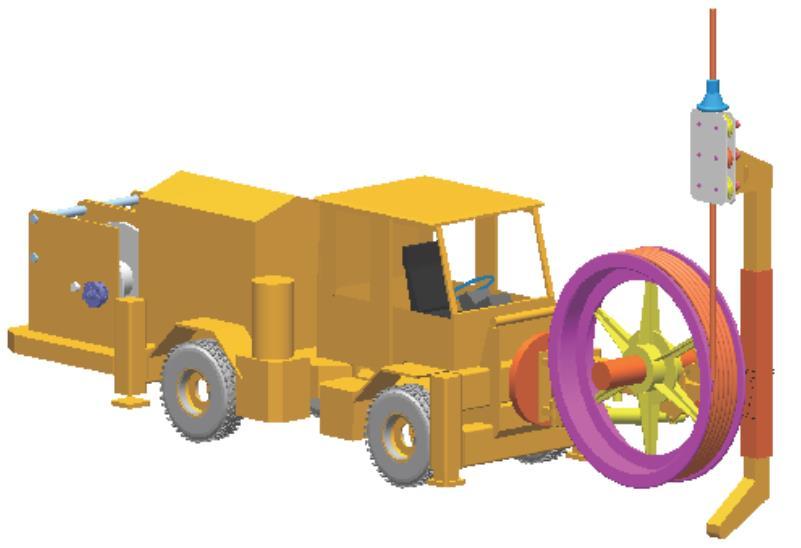 denna coil krävs en bärare, en sorts mobil rigg, speciellt anpassad för detta ändamål. Principskiss på en bärare för Coiled tubing kan ses i Figur 7 och Bilaga 1. Figur 7. Coiled tubing för gruvbruk.