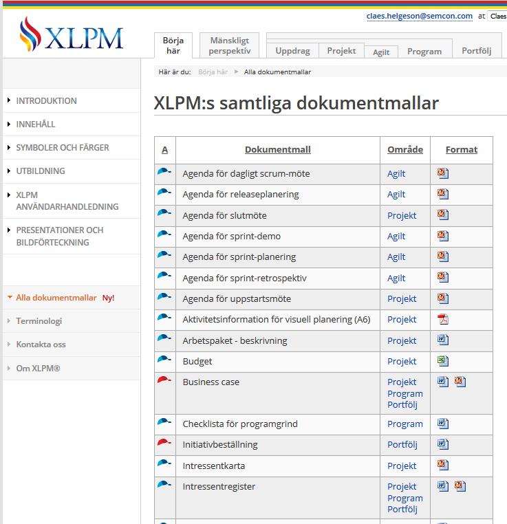 Ett klick för att nå samtliga dokumentmallar Den nya sidan innehåller XLPM:s samtliga dokumentmallar för enklare åtkomst.