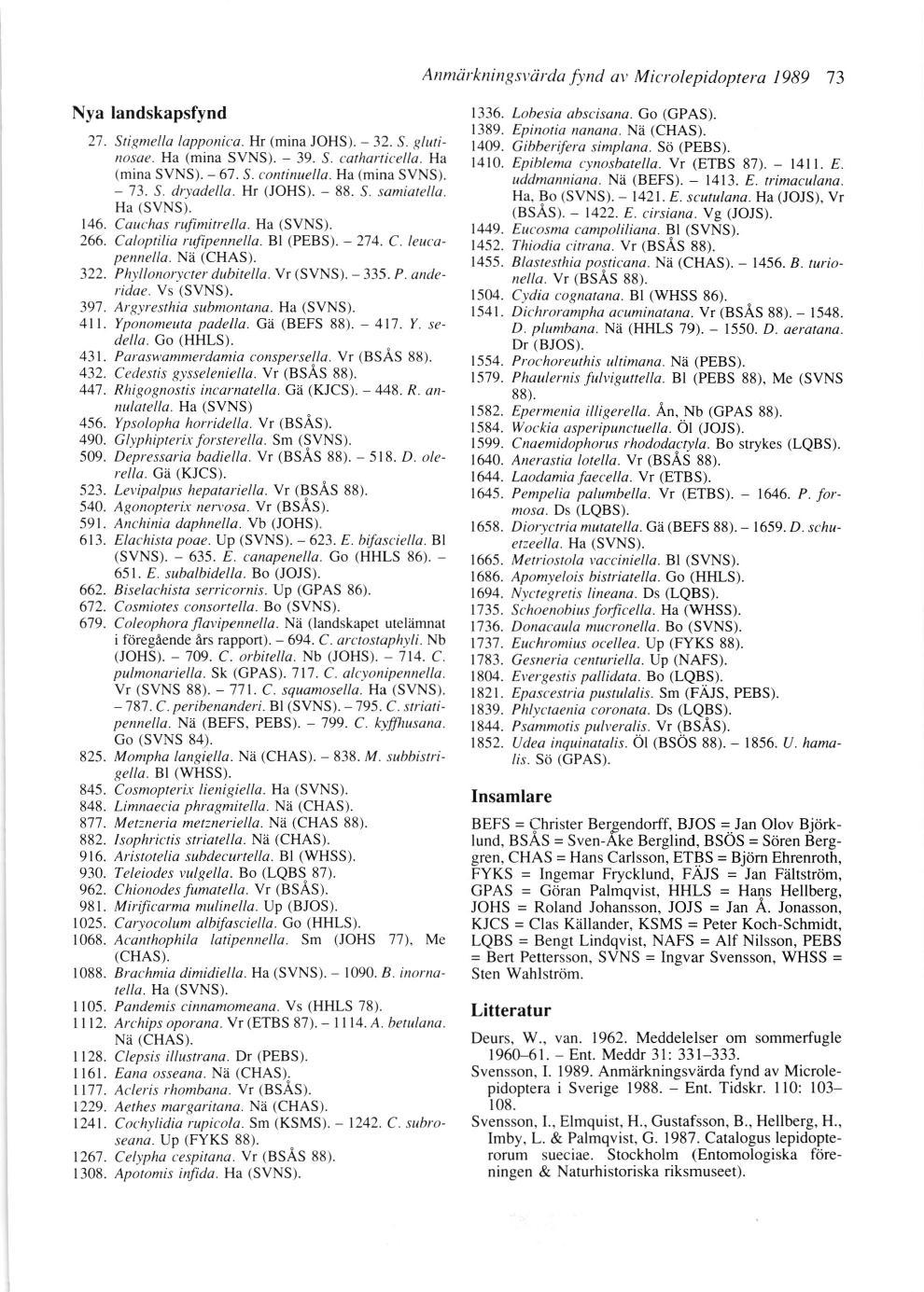 Anmtirkningst'cirda fi,nd at, Microlepidoptera 1989 73 Nya landskapsfynd 2i. Stigntella lapponit'a. Hr (mina JOHS). - 32. S. glutinosae. Ha (mina SVNS). - 39. S. t'arharticella. Ha (mina SVNS). - 67.
