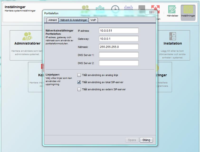 VAKA Konfiguration C10-modulen När du loggar in i VAKA systemet under Inställningar >> Porttelefonikonen >> Nätverk & Anslutningar.