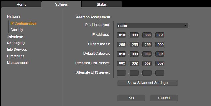 Ändra IP-adress Gå vidare till Network >> IP configuration för att ställa in basenhetens IP-adress. DNS måste anges.