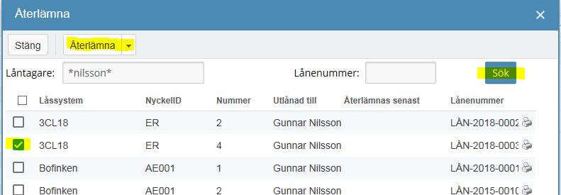 3.3. Återlämna nyckel Börja med att gå till nyckelöversikten. Klicka sedan på knappen Återlämna. Om man vill kan man göra ett urval genom att skriva in det i fältet Låntagare eller Lånenummer.