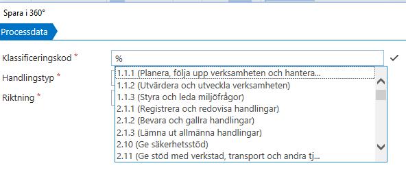 3. Välja kod Skriv % i fältet och klicka på enter eller. Då dyker hela kodlistan upp och du kan välja klassificeringskod.