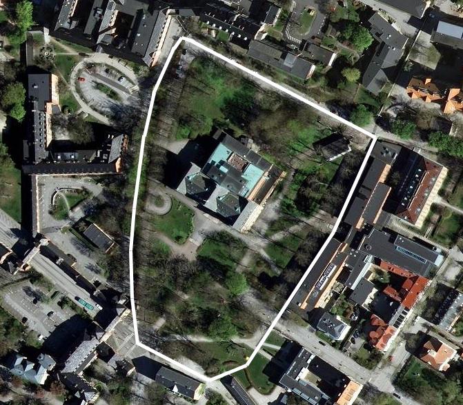 Avgränsningen av Allhelgonparken och det inventerade området. Resultat I stadsparken undersöktes 648 träd och i Allhelgonparekn 121.