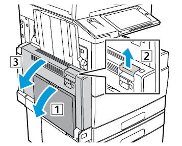 Felsökning Rensa papperskvaddar vid lucka D 1. Ta bort papperet från det vänstra facket och stäng sedan facket. 2. Öppna lucka A genom att öppna magasin 5, lyfta frigöringsspaken och öppna luckan.