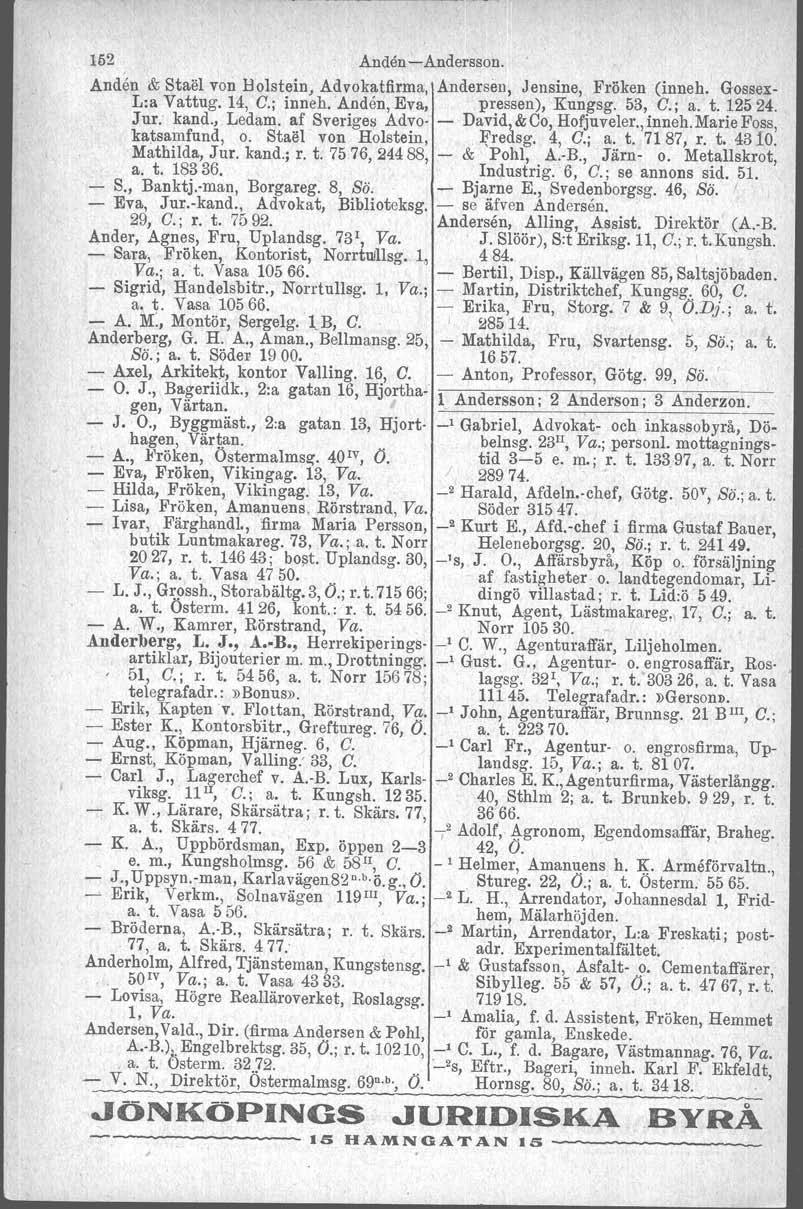 152 Anden-Andersson. Anden & Stael von Holstein, Advokatfirma, Andersen, Jensine, Fröken (inneh. Gessex- L:a Vattug. 14 'C.; inneh. Anden, Eva, pressen), Kungsg. 53, C.; a. t.12524. Jur: kand.