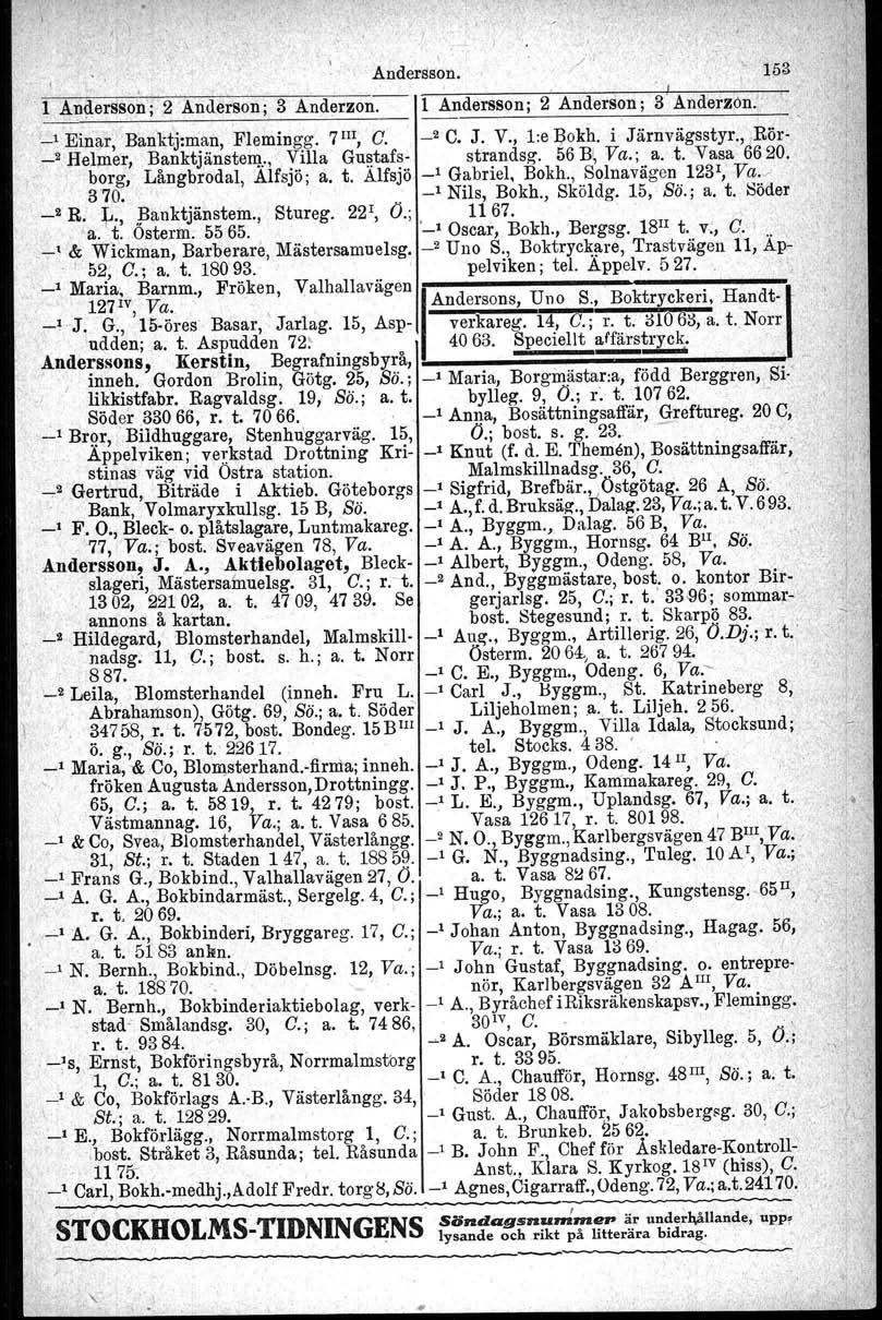 ,, Andersson. 1 Andersson; 2 AnLlerson; 3 Anderzon. 1 Andersson; 2 Anderson; 3' Anderzon.', _1 Einar, Banktj:man, Flemingg. 7 III, C. _2 C. J. V., l:e Bokh. i Järnvägsstyr.
