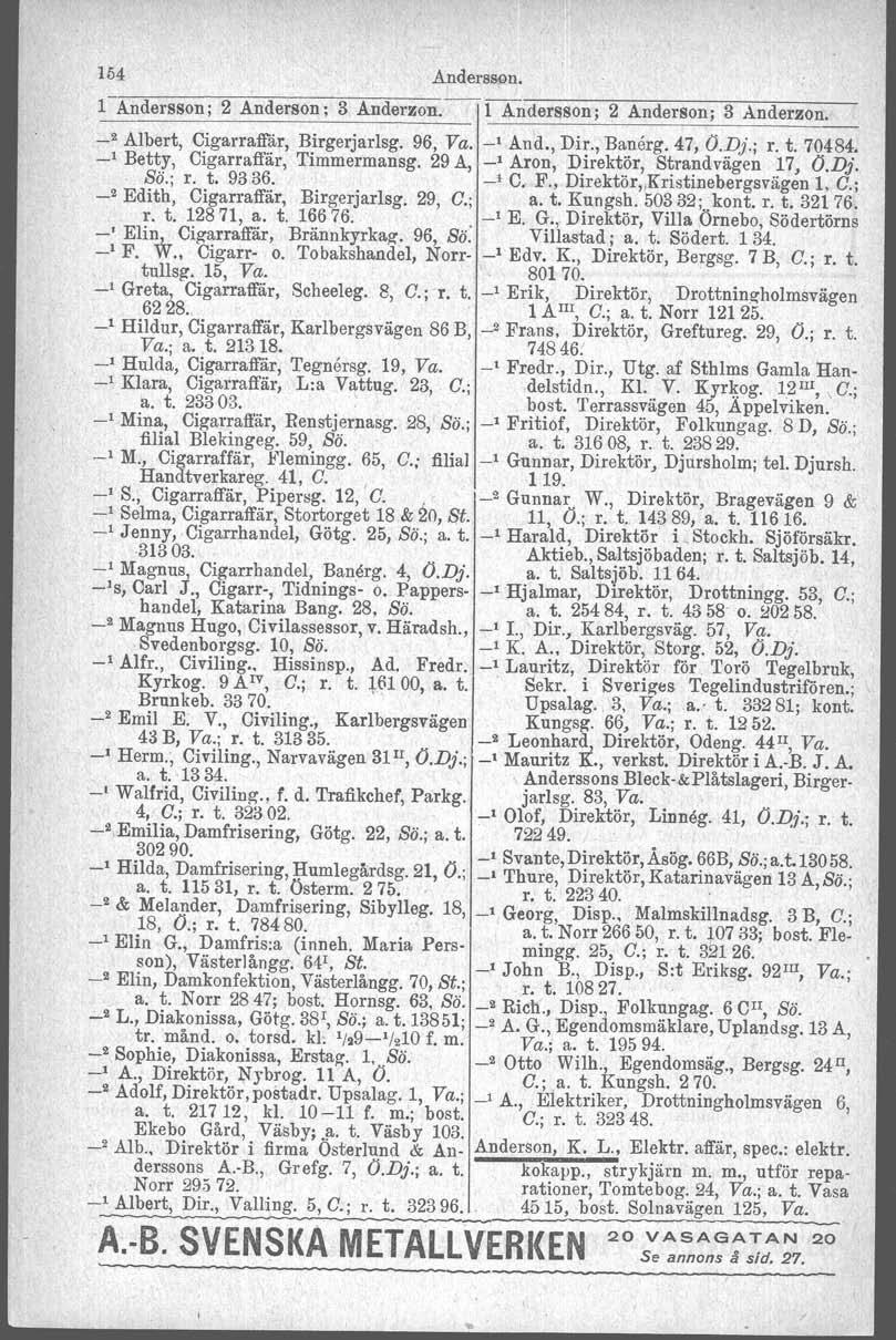 1M Anderssen. 1 Andersson; 2 Anderson; 3 Anderzon. 1 Andersson; 2 Anderson; 3 A.nderzon. _2 Albert, Cigarraffår, Birgerjarlsg. 96, Va. _, And., Dir., Banerg, 47, (J.Dj.; r. t. 70484.