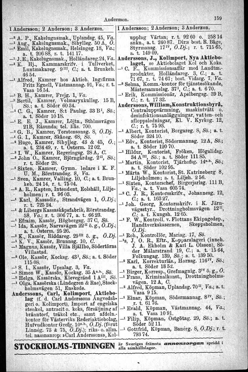 J ' Andersson. 159 1 åndersson: 2 Anderson; 3 Anderzon.-- l Andersson; 2 Andersen; 3 AJiderzon., _2 A. P., Kakelugnsmak., Uplandsg. 45, V~. upplag, Värtan; r. t. 9260 ' o.' 25814 _1 Aug.