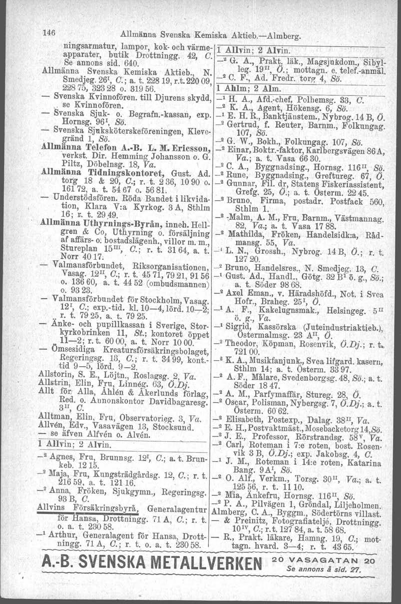 ,. 146 Allmänna Svenska Kemiska Aktieb.-Almberg. ningsarmatur, lampor, kok- och värme- 1 Allvin. 2 Alvin. apparater, ~uti~ Drottningg. 42, C. ---'-G-'- -A-'-P-r-ak-t-l-äk--M-a-rr-s-J'U-k-d-o-m-.