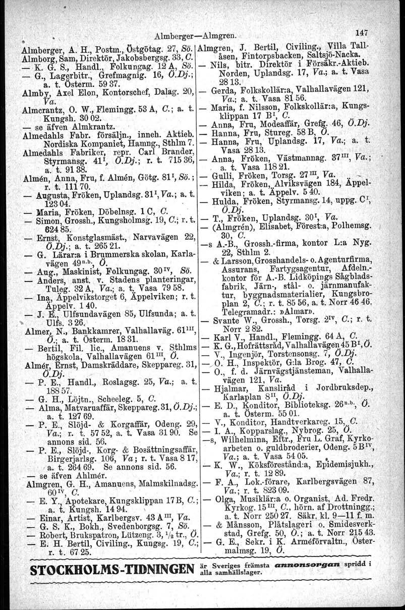 ~ \ ' " Almberger-Almgreri., 147 Al~berger, A.' H:, Postm., östgötag. 27, Sö. Almgren, J. Bertil, Civili'ng.,,Villa Tall- Almborg, Sam, Direktör, Jakobsbergsg. 33, C.