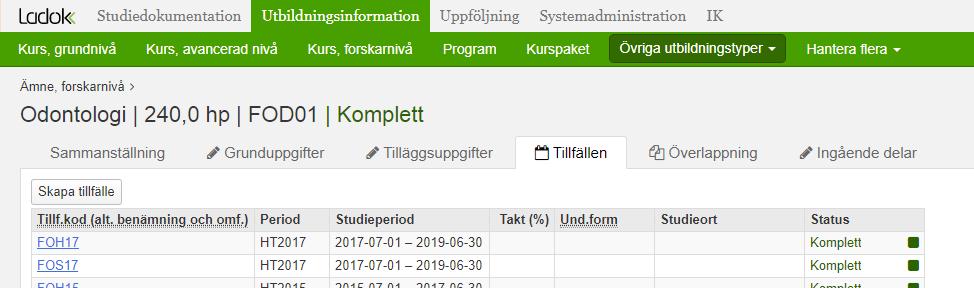 5. Gå till fliken Sammanställning. Sätt status till Komplett för att doktoranden ska kunna få ett förväntat deltagande på Ämnestillfället.