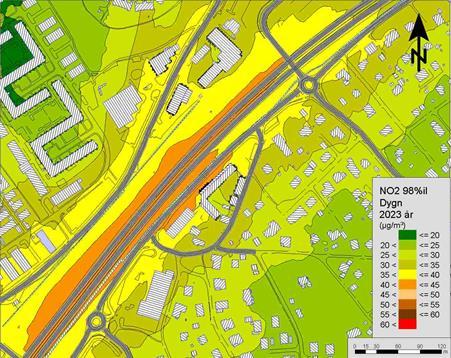 Den största förändringen kan ses på innergården där halterna sjunker till 30-35 µg/m³ 2020, och ligger ännu lite lägre 2023.