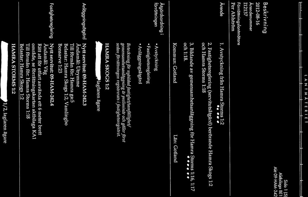 Per Ahlström Bonsarve 1:23 lagfaren ägare ochll8... Ärende 1. Avstvckning från Hamra Storms 1:2 Förrätningslcintmöare 112137 Åren den u mm er 2012-08-1.