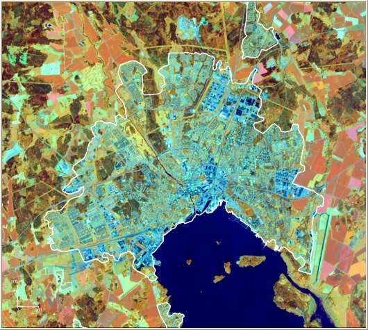 Exempelbild SPOT-5 Upplösning 10 m RGB = (NIR, SWIR, Rött)