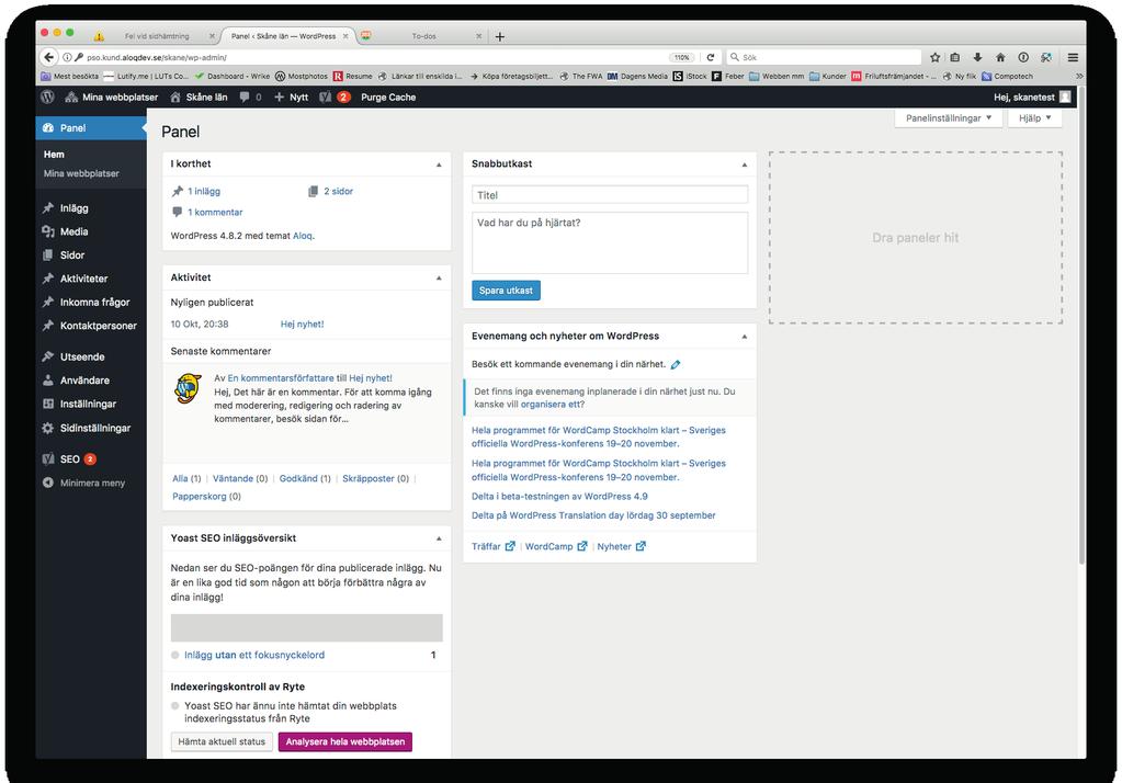 Dashboard När man loggar in i WordPress så hamnar först i en dashboard. Där ser man en sammanfattning av aktiviteter på sidan.