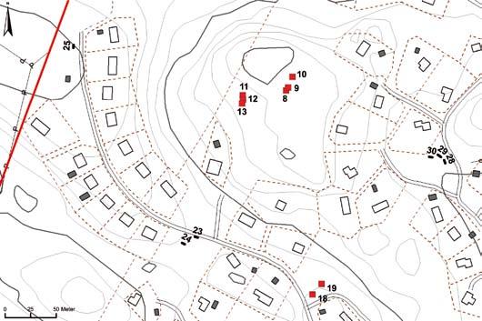 Karta 2. Plankarta över schakt och provgropar i nordvästra delen av utredningsområdet.