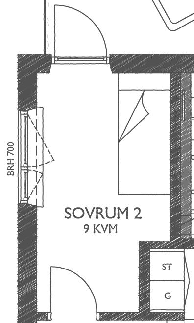 RUM FÖR RUM SOVRUM 2 Tänk att vakna på morgonen och kunna gå direkt ut på balkongen. Det blir verklighet i detta sovrum, som får ljusinsläpp från två väderstreck.