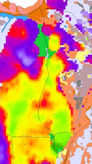I söder, vattenmättad sand (orange), mer lera i gröna områden +25m:Torr isälvsmtr i norr,