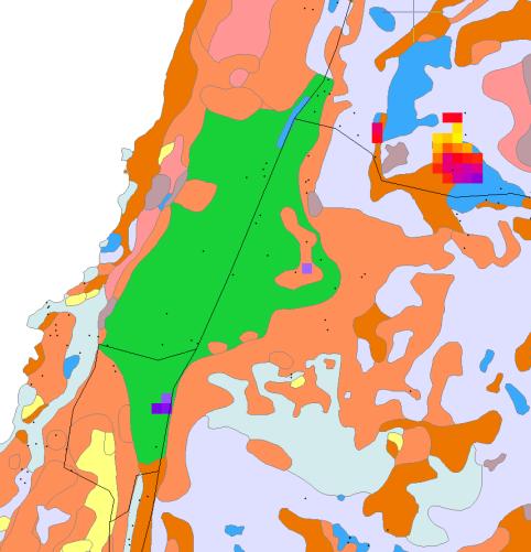 Rälla (SCI) +50m: torrt isälvsmaterial i söder +45m: