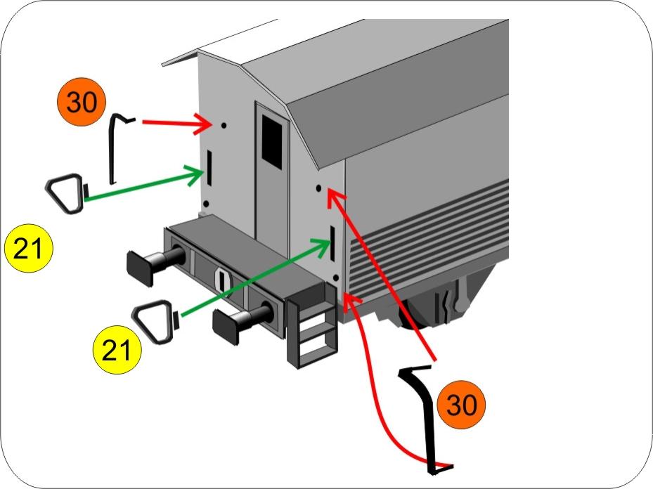 Handtag, handräcken och plattformsdetaljer Detaljer målas svarta innan montering. Instruktionen visar vagnens ena sida.