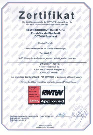 Certifiering 3 Säkerhets- och varningsanvisningar 3 Certifiering För tvåskivsbroms BMG.