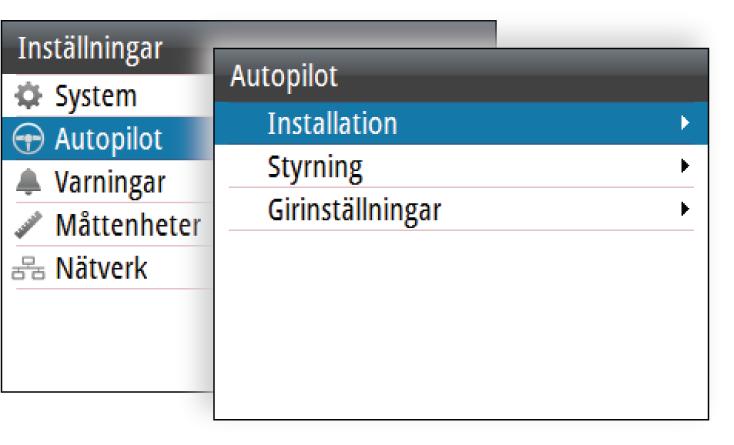 6 Inställning av autopilotdator När autopiloten har installerats måste autopilotdatorn ställas in. Om autopilotdatorn inte ställs in korrekt kan det hända att autopiloten inte fungerar på rätt sätt.