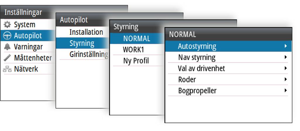 Konfigurerbara inställningar Styrparametrarna kan ställas in olika för olika profiler beroende på båtens styregenskaper och användarens preferenser.