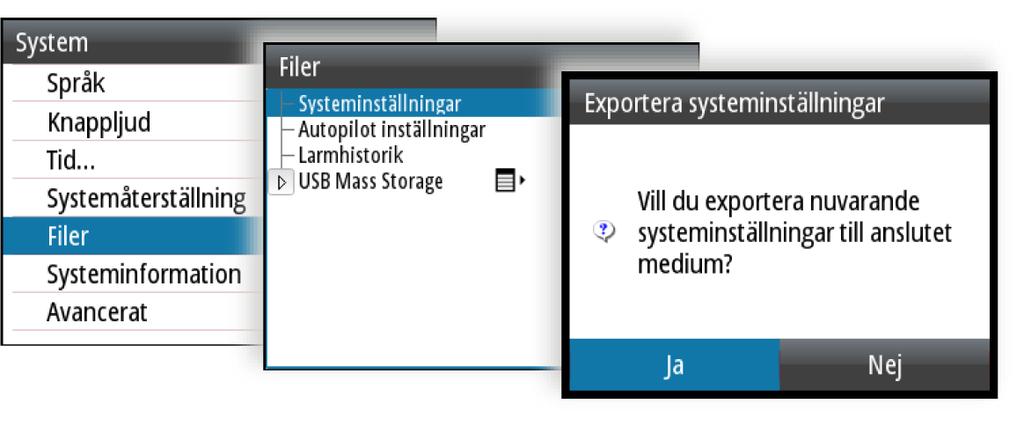 Säkerhetskopiering och återställning gör du från alternativet Filer när ett minne sitter i USB-porten på enhetens baksida.