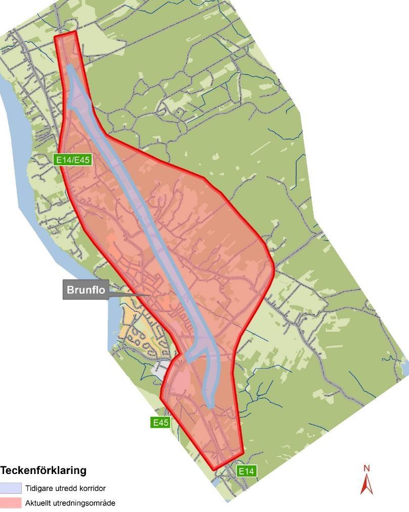 Bild 3. Redovisning av nuvarande utredningsområde samt den tidigare utredda korridoren Detta projekt innebär att utreda möjligheterna för en förbifart av E14/E45 i området öster om Brunflo.