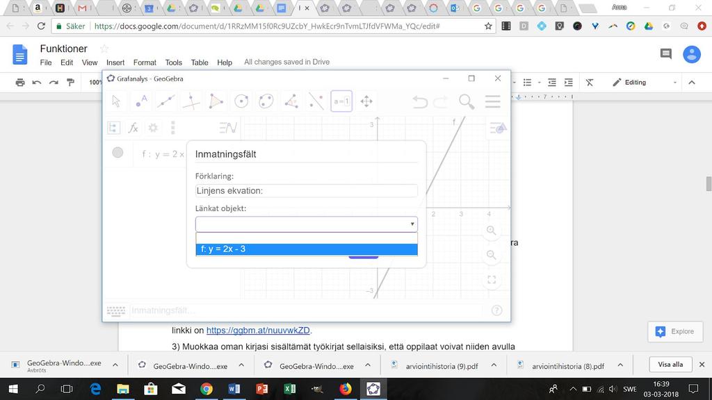 Elevuppgift: Linjeritningsmaskin Öppna GeoGebra Classic och välj perspektivet Grafanalys. 1. Rita grafen av en linje, vilken som helst, t.ex. y = 2x - 3.