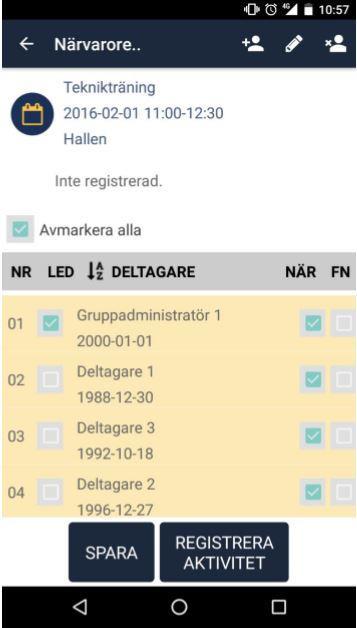 Närvaroregistrering När du klickat in på en aktivitet för närvaroregistrering så möts du av denna vy. Där kryssar du ur de som inte var närvarande i kolumnen NÄR.